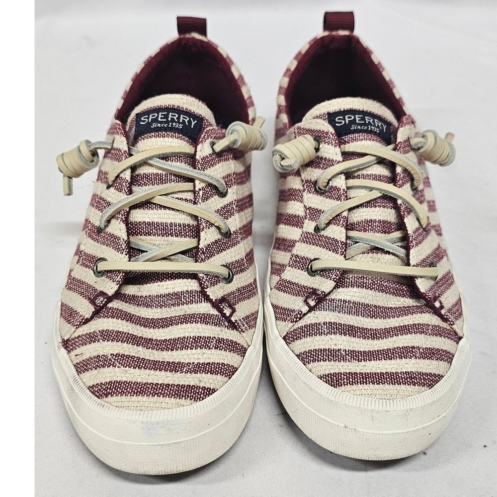 Sperry Crest Vibe Womens 9.5 Maroon Cream Striped Canvas Sneakers‎ STS85941